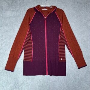 Smartwool Merino Wool Blend Full Zip Hooded Sweater Jacket Burgundy Stripes
